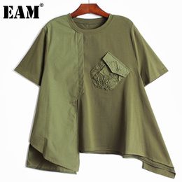 [EAM] Women Black Big Size Irregular Pocket Ruched Pockets T-shirt Loose Round Neck Short Sleeve Fashion Summer 1DD6782 21512