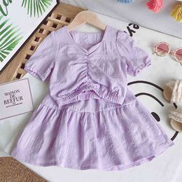 Summer Girls' Clothing Sets Korean Chiffon Short-sleeved T-shirt+High Waist Skirt 2PCS Baby Kids Clothes Suit Children 210625