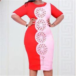 Women Patchwork Dresses Hollow Out O Neck Short Sleeves Knee Length Slim Large Size Ladies Office Work Modest Fashion Vestidos 210416
