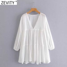 Zevity Spring Women Simply V Neck Casual Loose Pleats Mini Dress Female Chic Lantern Sleeve Brand Kimono Vestido DS4949 210603