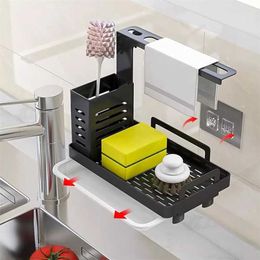 Stainless Steel Sponge Soap Brush Holder Kitchen Sink Caddy Organizer With Drain Pan Premium Drying Rack 211112