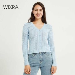 Wixra Women's Cardigan Sweater Autumn Basic Casual V-Neck Solid Long Sleeve Female Tops 210805