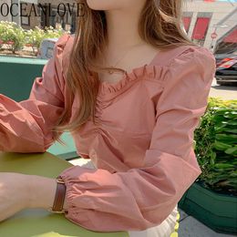 Chic Solid Korean Sweet Women Shirts Spring Pleated Fashion Blouse Long Puff Sleeve Blusas Mujer 15237 210415