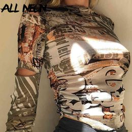 ALLNeon E-girl Vintage Printing Holloe Out Long Sleeve Crop Tops Harajuku O-neck Ruched Slim T-shirts Autumn Streetwear Y2K Tees Y0508