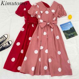 Kimutomo Vintage Dot Print Dresses Women Elegant Summer Style Peter Pan Collar Short Sleeve Slim Waist Vestidos Chic 210521