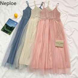 Neploe Women Dress V Neck Pink Summer Robe Fashion Knitting Patchwork Gauze High Waist Dresses Femme Korean Chic Sweet Vestidos 210422