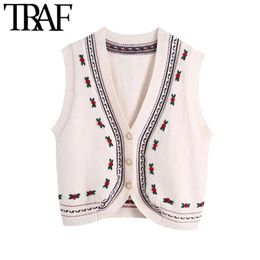 Women Sweet Fashion Floral Appliques Knitted Vest Sweater Vintage Sleeveless Button-up Female Waistcoat Chic Tops 210507