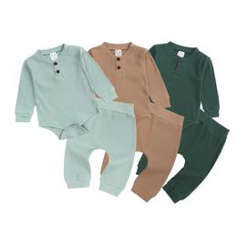 Infant Baby Girls Boys Spring Autumn Ribbed Solid Clothes Sets Long Sleeve Rompers + Pants 2PCs Clothing Set Newborn Outfits