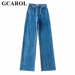 GCAROL Women High Waisted Straight Jeans Wide Leg Pants With Rough Edge Slim and Sagging Chic Stylish Bottom Burr Denim Trousers 211104