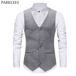 Men's Wool Herringbone Tweed Vest Brand Slim Fit Sleeveless Vest Waistcoat Men Formal Business Wedding Chaleco Hombre 210522