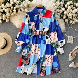 Summer Elegant Stylish Shirt Women Long Lantern Sleeve Sashes Single-Breasted Dot Floral Print Vintage Knee Dress 210416