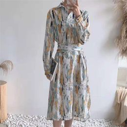 Spring Women Vintage Turn Down Collar Print Shirt Dress Fashion Korea Chic Long Sleeve Casual Chiffon Vestidos Femme 210519