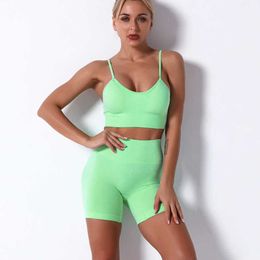 SeamlWomen Yoga Set Sport Suit Gym Set Sexy Bra + Hogh Waist Shorts Gym Wear 2PCS Yoga Sets Solid Color Gym Clothing Women X0629