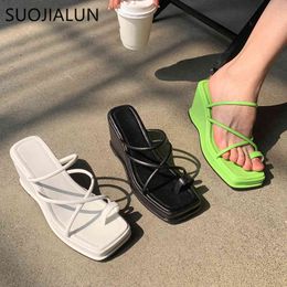 SUOJIALUN 2021 New Summer Women Slipper Summer Outdoor Narrow Band Sandal Shoes Ladies High Wedges Heel Slides Flip Flop Mujer C0330