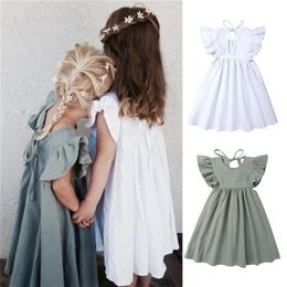 0-6Y Toddler Kids Baby Girl Autumn Ruffles Sleeve Solid Cotton Linen Party Casual Dress Clothes 210331