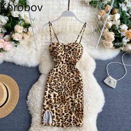 Korobov Summer Sexy Leopard Print Women Dress Summer New Arrival Sapghetti Strap Vestidos High Waist A-Line Dresses 210430