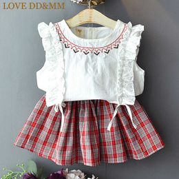 LOVE DD&MM Girls Sets Summer Children's Clothing Girls Lace Embroidery Sleeveless Shirt + Plaid Skirt Two-Piece Suit 210715