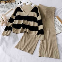 Knitted Ropa De Mujer Autumn Winter Clohtes Suits Fashion Striped Tops Solid Wide Leg Pants Two Piece Set Women 17834 210415