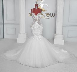 Bridal Gowns Elegant Lace Aso Ebi Wedding Dresses 2022 Straps Mermaid Plus Size Tulle Sexy Sweetheart Vestidos De Noiva Mariee