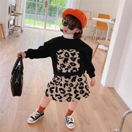 Baby Girl Clothes Autumn Winter Year's Costume For Children Leopard Print Fur Suits Warm Sweater Cover Kids Clothing Sets 210625