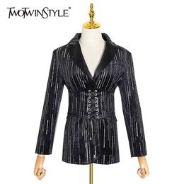 Striped Tunic Blazer For Women Notched Long Sleeve High Waist Large Size Casual Jackets Fall Fashion 210524