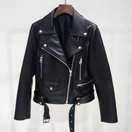 Spring Autumn Pu Leather Jacket Women Zipper Belt Short Soft Pu Leather Jackets Biker Black Punk Faux Motorcycle Coat Plus Size 211011