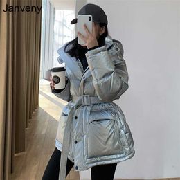 Janveny Glossy Shiny Down Jacket Women Winter 90% White Duck Down Coat Female Puffer Parkas Hooded Waterproof Snow Outwear 211221