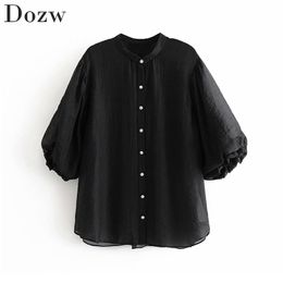 Solid Black Women Shirt Chic Beading Buttons Three Quarter Sleeve Ladies Blouse Sexy See Through Female Shirt Transparent Blouse 210414