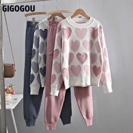 GIGOGOU Women Sweater 2 Piece Sets Chic Knit Embroidery Bead Heartshape Pullovers Top + Spring Harem Pants Sport Tracksuits 210930