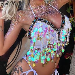 Sexy Bling Colorful Sequins Crop Top Women befree Summer Beach Halter Sparkling Nightclub Party cropped bralette Tank tops Hot X0726