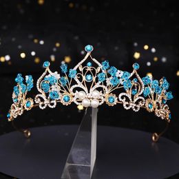 Hair Clips & Barrettes The Princess Crown Flower Pearl Blue Crystal Bridal Diadem Wedding Tiara Headpiece Jewellery Accessories