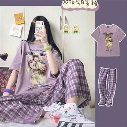 Korean Pyjama Summer Cute Cartoon Print Pyjamas Girls Kawaii Plaid Pijamas Plus Size Sleepwear Sets 2 Piece Home Suit 210809