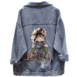 Blue Denim Jackets Autumn Girls Print Ripped Holes Jean Coat Korean Chic BF Style Loose Retro Overcoat 210428