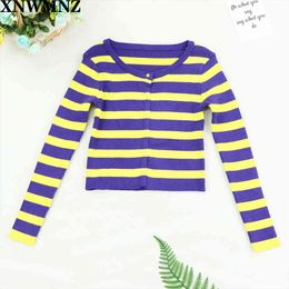 Women za blouse Fashion O Neck pull femme Sweaters Vintage Candy color Stripe knitted Cardigan Slim Long Sleeve Women Sweater 210510