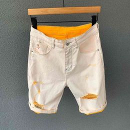 High Quality Fashion Men Colour Khaki orange stretch denim Shorts Summer thin Ripped biker Jeans Short Male Bermuda Brand Clothes 210329