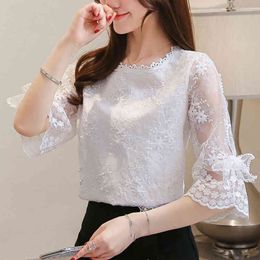 Women Blouse O Neck Summer Lace Loose Fashion Hollow Bow Half Sleeve Chiffon Embroidery Mesh Beading ladies tops 191F 210420