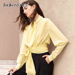 Casual Blouse For Women Stand Collar Lace Up Lantern Sleeve With Sashes Elegant Shirts Female Summer Style 210524