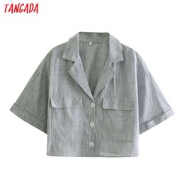 Women Retro Gray Notched Collar Crop Short Sleeve Summer Chic Female Shirt Tops QD27 210416