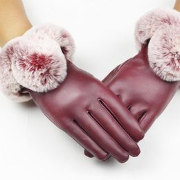 1Pair Women Winter Warm Gloves Lady Black Leather Autumn Fur Mittens Warmth Warmer Mittens#1