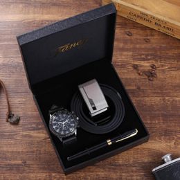 Wristwatches 3pcs/set Men Sport Quartz Watch Black Leather Belt Signing Pen Fashion Quality Gift Box For Business Gifts Drop