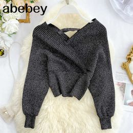 Women Shiny Lurex Sweater V-Neck Long Puff sleeves Knit Tops Off the shoulder Sexy Elastic Waist Knitted Blouse Sweater X0721