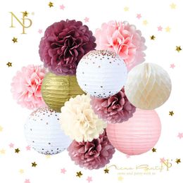 Nicro 12 Pcs/Set Wedding Birthday Party Decoration DIY Decor Paper Honeycomb Ball Lantern Flower PomPom #Set45 211018