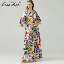 Bohemia Summer Women's Vacation Maxi Dress Loose Matching Flower Print 3/4 sleeve Fashion Long Party 210524