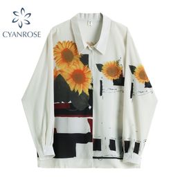 Elegant vintage Blouse Women Long Sleeve Loose casual Spring Autumn Casual Sunflower Print Cardigan Female shirt Tops 210417