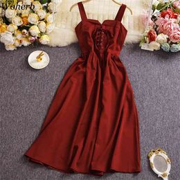 Summer Dress Women Bandage High Waist A-line Vestidos Mujer Vintage Elegant Spaghetti Strap Chiffon Party Dresses 210519