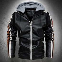 Mens Leather Jacket With Hood Autumn Winter Streetwear Biker Jacket Motorcycle Jacket Mens Casual Coat Thin Slim Fit Lightweight 211009