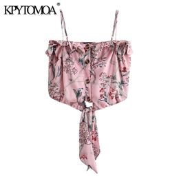 Women Sexy Fashion Floral Print Ruffled Cropped Blouses Bow Tied Thin Straps Female Shirts Blusa Chic Tops 210420