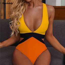 Vigorashely Sexy Deep V Neck Swimwear Women Vintage Swimsuit Female High Waist Monokini Bathing Suit Swim Wear 210712