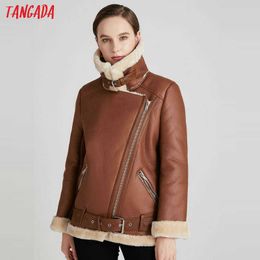 Tangada Women brown fur faux leather jacket coat with belt turn down collar Ladies Winter Thick Warm Oversized Coat 5B01-1 210609