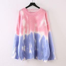 H.SA Korean Fashion Pink Sweater Tie Dye Jumper and Pullovers Patchwork Casual Knitwear Pull Jumpers Kawaii Christmas 210417